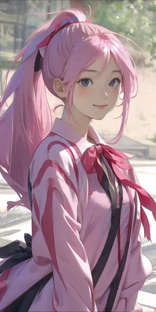 Highest quality, Long Hair, Pink Hair, Side Ponytail, chest, happiness/joy, Yandere, ribbon, Northern Renaissance,