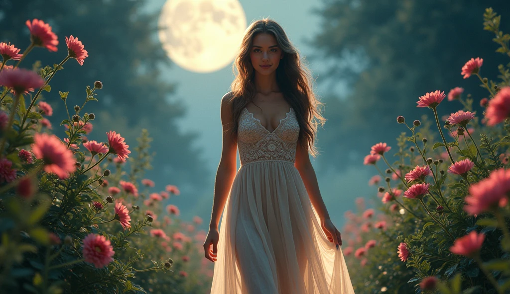 a beautiful woman in a colourful sheer airy dress with intricate embroidery, nude underneath, strolling through a lavish flower garden at night, long wavy hair, glowing skin, ethereal, cinematic lighting, moody colors, magical realism, romantic, high quality, detailed, photorealistic, she is smiling at the camera