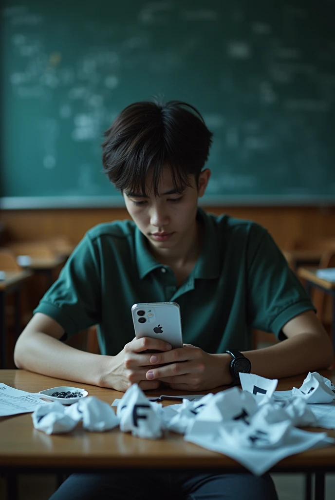 Drawing of a depressed teenager alone at a classroom desk with lots of papers and the phone on the desk with his mother calling