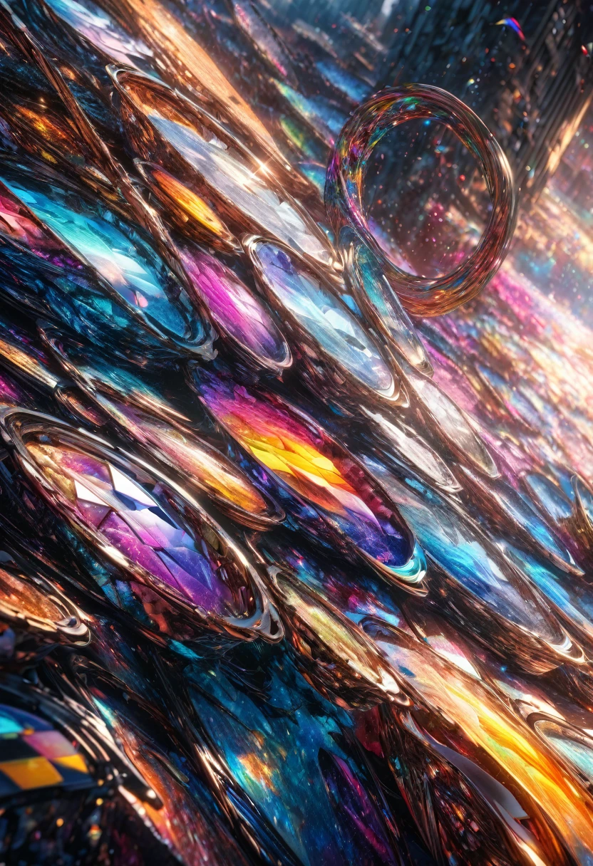 conceptual installation art, chrome-plated puzzle rings, colorful mosaic patterns of many colors, rusty puzzle rings, (ultra detailed, absolutely resolution, best quality:1.3), 2.5D, delicate and dynamic effects, glitter effects, artistic, artistic photography, hyper realistic, CG digital art