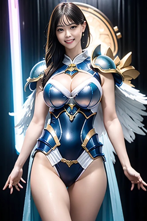 (8k), (Highest quality: 1.2), (Realistic), (Realistic: 1.37), Ultra-high resolution, 1 person, cute, Smiling face, Beautiful details, narrow, (Large Breasts), Iridescent cloak, Rainbow Sword, Marine blue heavy mecha armor, transparent, Sexy muscular female body, whole body.Long, slender legs、Glowing Sword、whole body、Floating in the sky