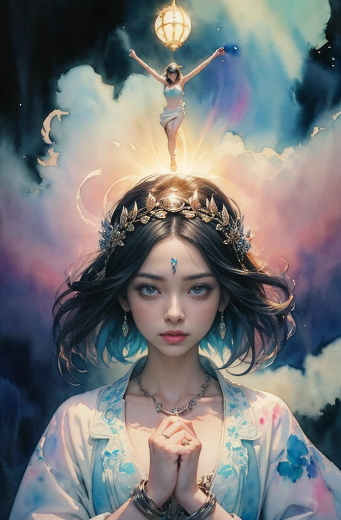(Tabletop, Highest qualityの, Highest quality, Official Art, (beautifully、aesthetic:1.4), (Watercolor:1.4) ), (Izanami 1.5), 日本のgod話の女god, Majestic beauty, 創造の女god、生命の女god、Typically、((((Typically))))、Reincarnation Support, god'Grace, Gentle and meditative expressions, Flowing, celestial garments, Shine、Created all the landscapes and worlds on Earth, A dazzling dance of light, Whispers of Ancient Legends