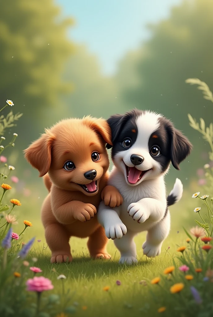 2 small puppies,One brown and the other black and white.