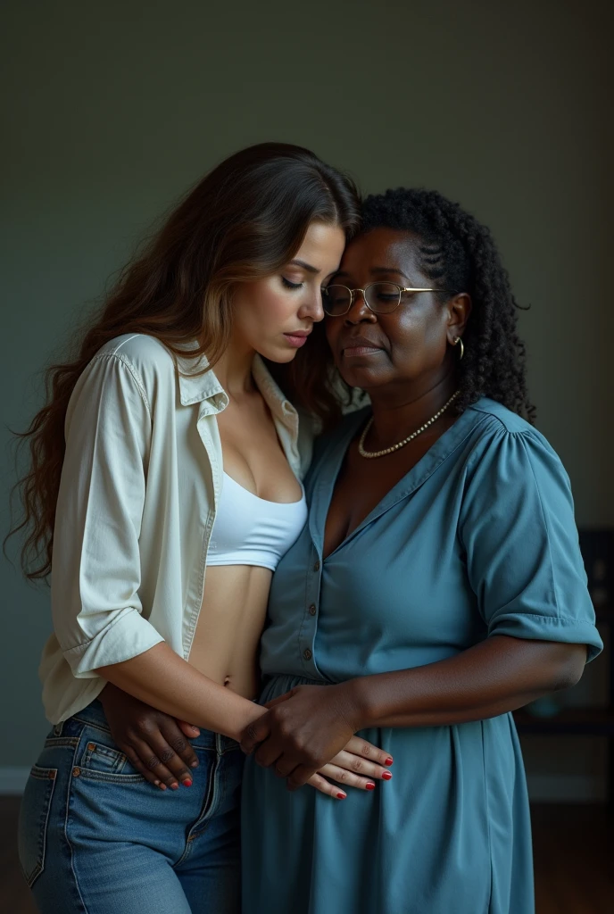 Create a photo of a 30 year old young white woman, with a slender and beautiful body, with hoop earrings, wearing jeans and an open white shirt without a bra with bare breasts, with white and clear skin, with long light brown hair tied in a ponytail and being picked up and carried in the arms of a 90-year-old elderly black lady, obese woman who has dark black skin and is wearing a blue dress and glasses