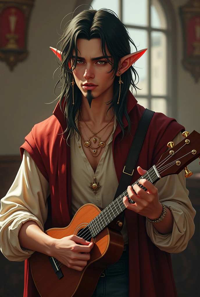 bard, half elf, masculine, de maoicano com um ukulele, with a vertical line of hair on the chin inspired by the RPG game Dungeon & dragons