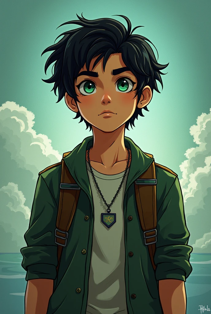 Percy Jackson is described as an ordinary-looking young man., but with a charm and an aura of adventure that makes it special. its physical characteristics, While simple, reflect your strong and courageous personality.
Outstanding features:
hairs: Their hair is generally described as black and unruly., often messed up by the adventures he lives, with a white lock of eyes: His eyes are an intense, bright sea green., that convey a sense of depth and mystery. The color of your eyes is often associated with your connection to the sea..
physical build: Percy has an athletic build, result of his training at Camp Half-Blood and his adventures. He is described as strong and agile, com uma postura confiante.