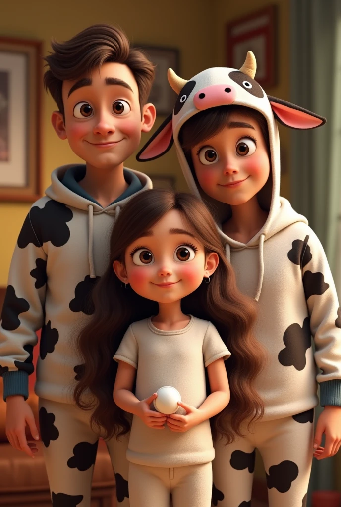 DISNEY PIXAR COVER LONG HAIR BROWN EYES WITH A WHITE PACIFIER NEXT TO HER TALL DADDY BROWN EYES DRESSED AS A COW AND HER OLDER BROTHER BROWN EYES DRESSED AS A COW