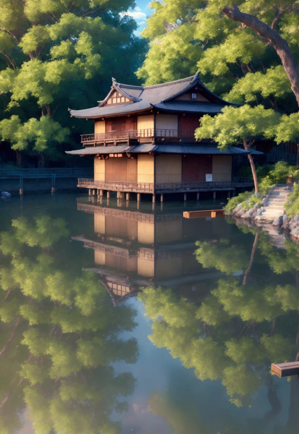 (masterpiece, Highest quality, 8k, High resolution, Ultra high definition、detailed、detailed、Are you okay、:1.5) Traditional Japanese streets and waterways、Wooden building and Japanese sign, Surrounded by lush vegetation and tranquil waterways、The summer sky is reflected on the water's surface..、A beautiful contrast between sun and shadow、Warm and peaceful scenery.。 8kHDRによるノイズリダクションで、Beautiful scenery is reproduced down to the last detail.。