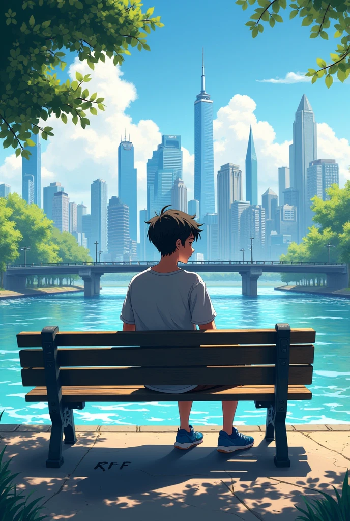 Create a teen man seating in bench in a river scenery with background of city. With letter RFF code in street
