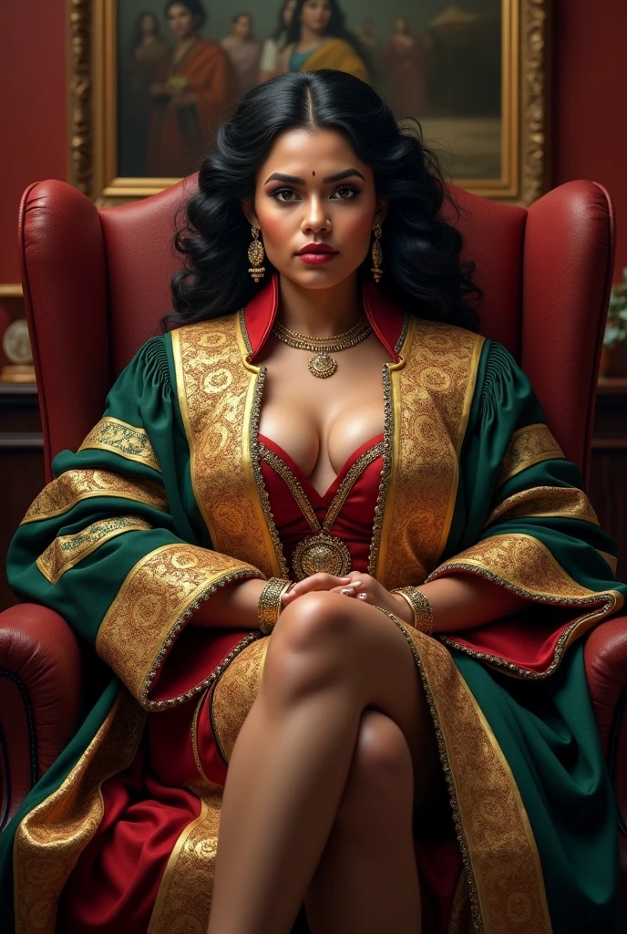 Wearing full body Academic regalia wealthy sri lankan beautiful girl(football size very breasts and butt) sit in chair