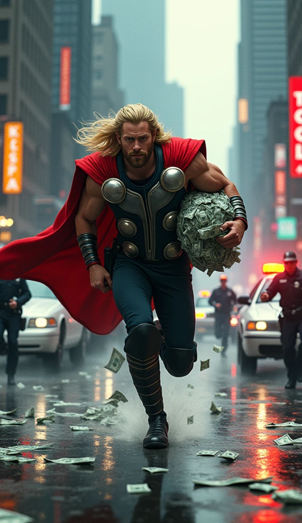 Make a picture in which Thor is running away with a lot of money and the money is scattered everywhere and the police has surrounded him from all sides