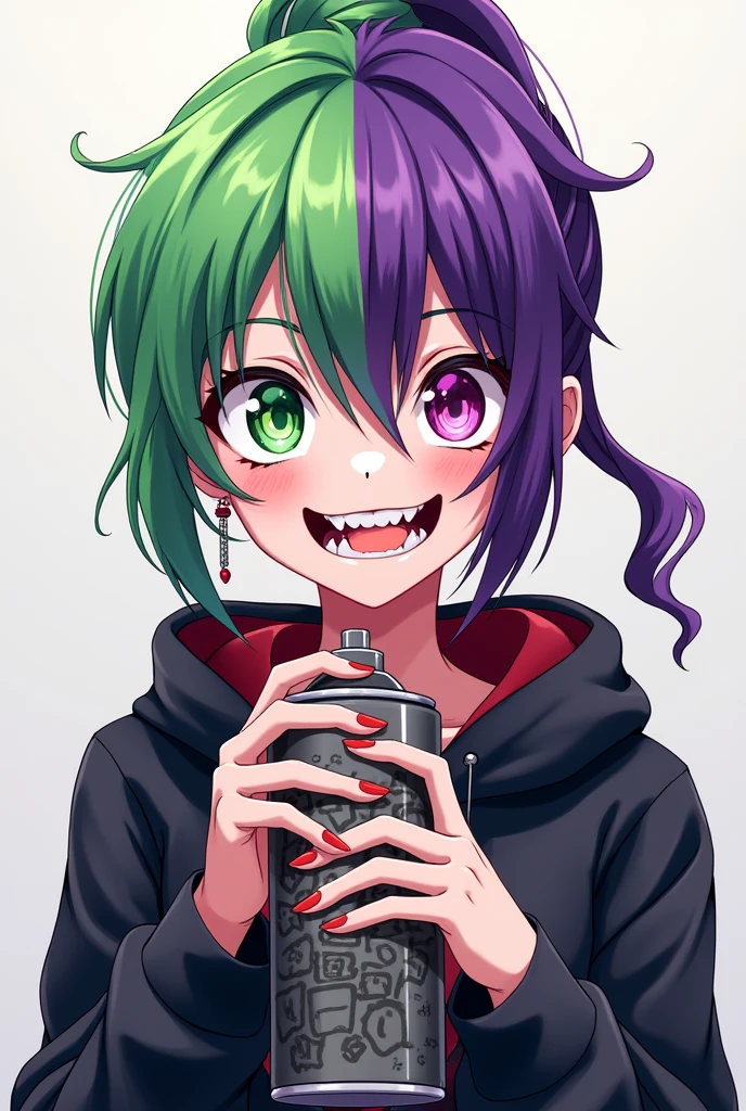 Generates a girl with green hair and eye on the left side and purple hair and eye on the right side in anime style. she wearing a hoodie and her tooth is sharp triangle shape, she is smiling exposing her tooth, punky style, long ponytail, tall, she is insane, and she is holding a graffiti spray with her hand, best quality, wide open eyes, earrings, small purils, she is tall