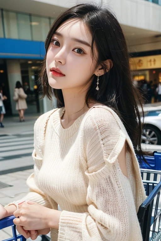 (2 pure Japanese girl,), (Small breasts:1.5,),(solo,,Textured skin, Detailed skin,Detailed face,Detailed eyes,detailed posing,Natural eyebrows,Sparkling Eyes,High detail, Highest quality, Super detailed, Surrealism, ,8k,RAW Photos,Photographicism,Professional Lighting,Ray Tracing,Portrait Photography,Soft Light),(((Black Hair, Natural Makeup,Simple earrings, Side Up,Bell sleeve sweater))),(((Pushing a packed shopping cart,Shopping Centre)))