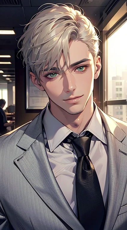 (Highest quality,4K,8K,High resolution,masterpiece:1.2),Super detailed,(Realistic,photoRealistic,photo-Realistic:1.37),1 personld,Mature Men,Beautiful skin、very handsome,Expressionless smile in love,Short white hair,green eyes,Sharp Eyes,A perfect face without a doubt,Businessman, CEO, Office Background,Cinema Lighting,HDR image,tie、