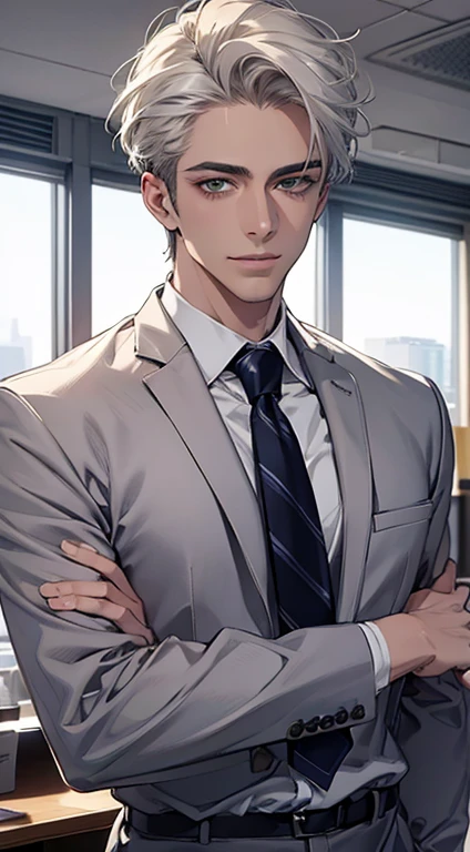 (Highest quality,4K,8K,High resolution,masterpiece:1.2),Super detailed,(Realistic,photoRealistic,photo-Realistic:1.37),1 personld,Mature Men,Beautiful skin、very handsome,Expressionless smile in love,Short white hair,green eyes,Sharp Eyes,A perfect face without a doubt,Businessman, CEO, Office Background,Cinema Lighting,HDR image,tie、