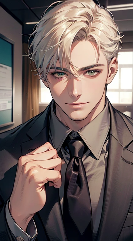 (Highest quality,4K,8K,High resolution,masterpiece:1.2),Super detailed,(Realistic,photoRealistic,photo-Realistic:1.37),1 personld,Mature Men,Beautiful skin、very handsome,Expressionless smile in love,Short white hair,green eyes,Sharp Eyes,A perfect face without a doubt,Businessman, CEO, Office Background,Cinema Lighting,HDR image,tie、