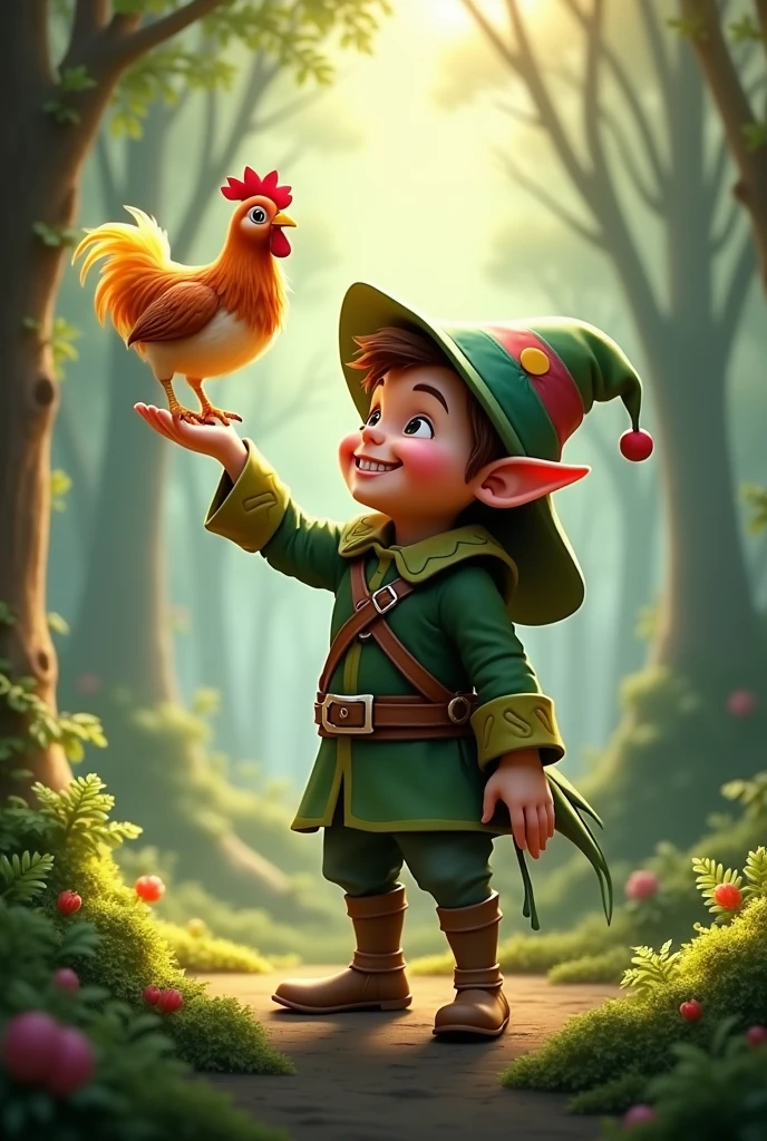 Elf with a chicken in his hand
