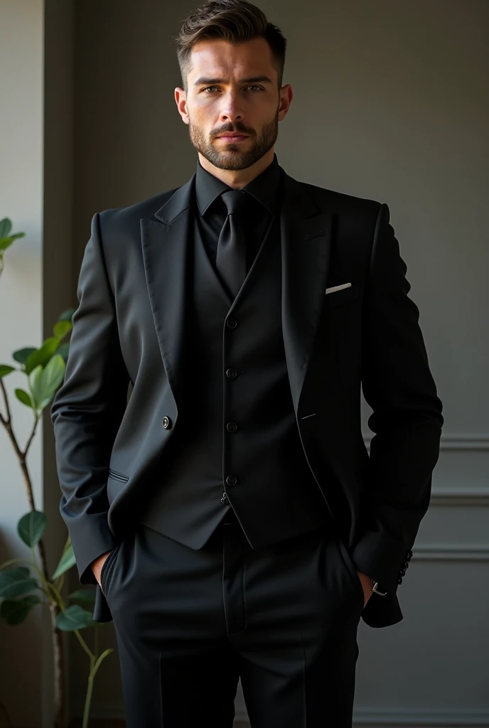 30 year old man, without beard without mustache , of 1.90 , muscular , black dress