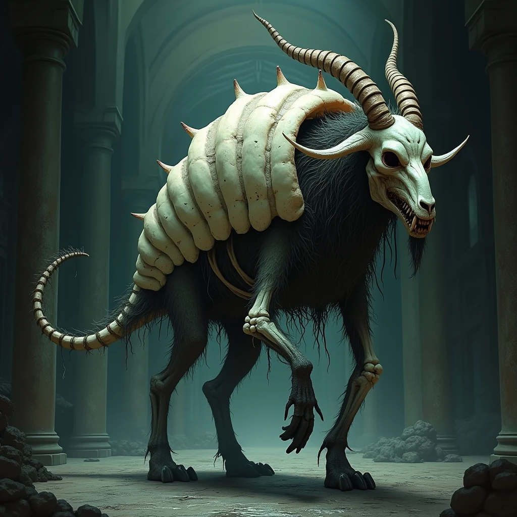 Chimera walking on all fours with round goat legs and a disgusting shell skeletal and deformed hairy with a long tail without eyes and with long horns, half dark academia dc comics style dc comics style