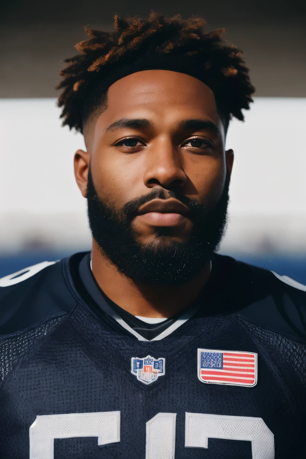 a photo of DPr35c0tt, a black man, RAW, close portrait photo, (medium shot), (beard), blue and white american football clothes, stands in the background, football stadium, (high detailed skin:1.2), 8k uhd, dslr, soft lighting, high quality, film grain, Fujifilm XT3 sharp focus, f 5.6