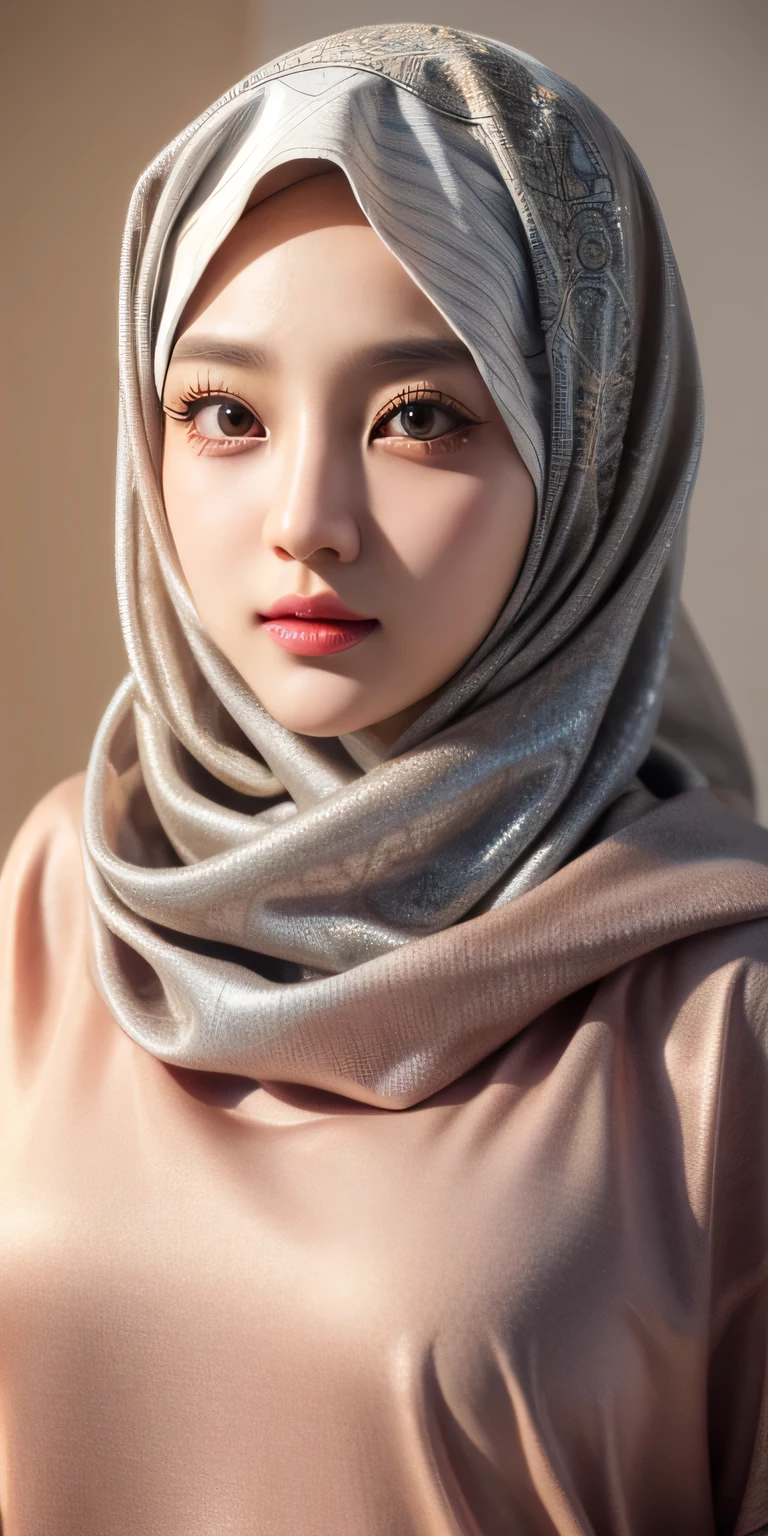Korean girl, beautiful girl in hijab, 1 girl, perfect face, expressive eyes, makeup, eyeshadow, eyeliner, luxurious hijab, patterned hijab, hijab decoration, brooch, shiny lips, class room