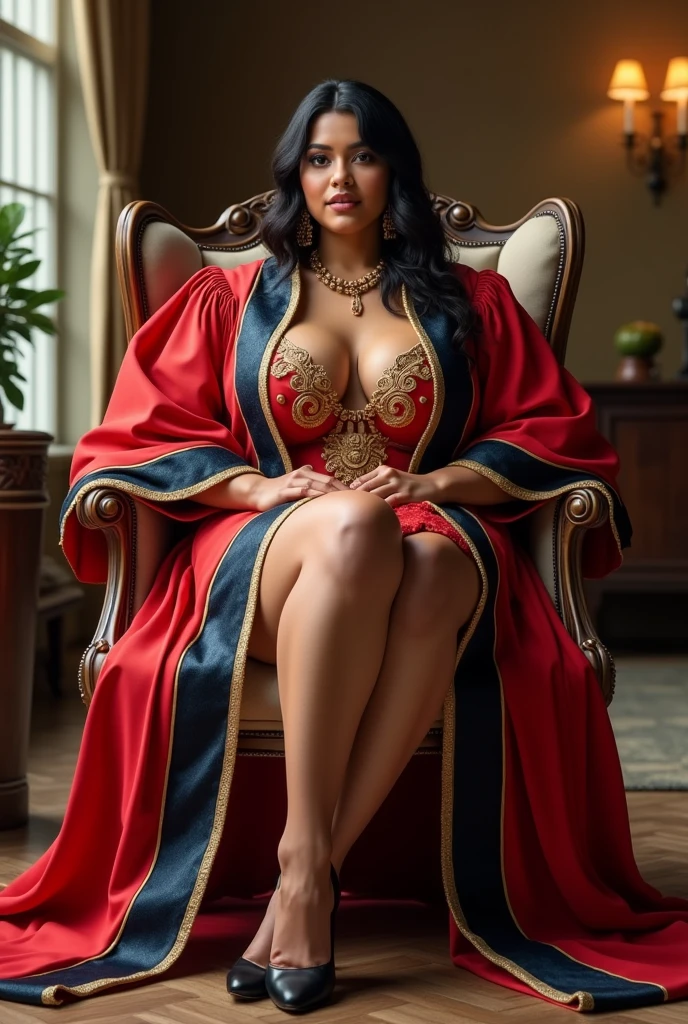 Wearing full body Academic regalia wealthy sri lankan beautiful girl(football size very breasts and butt) sit in chair