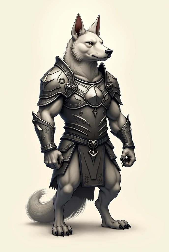 Guardian Animal Tattoo with Rudimentary Armor,ready to defend,offwhite,stark,tatoo,wolf with lion's mane,humanoid body