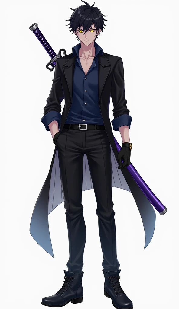 Create an anime style character, male gender with short and slightly spiky black hair with the fringe covering the face a little on the left side and with a giant ponytail, yellow eyes, eyes large, Black blouse with dark blue shirt, black gloves, black pants with men's black boots, with a purple sheathed katana on his back.