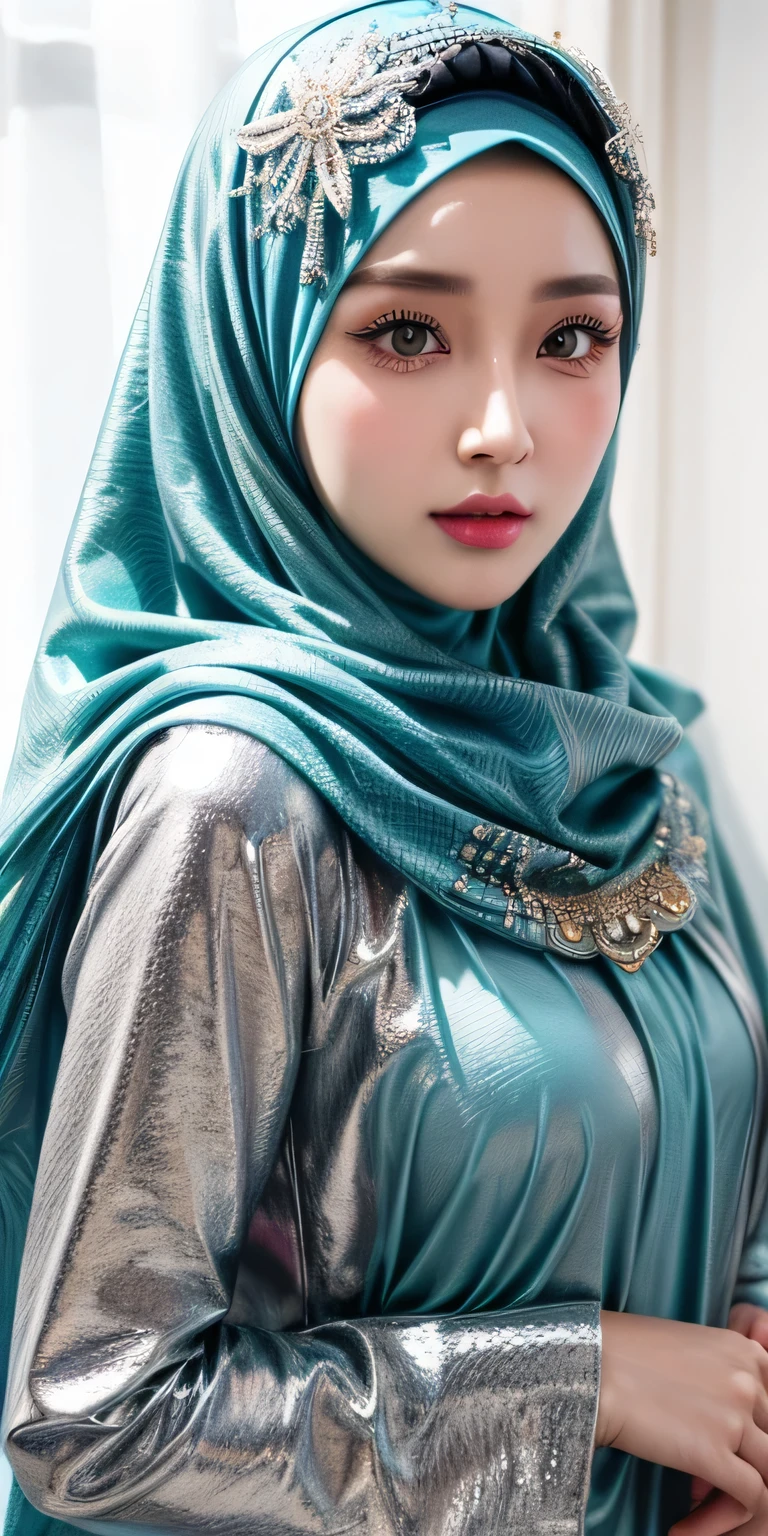 Kazakhtan cute girl, beautiful girl in hijab, 1 girl, perfect face, expressive eyes, softlens, makeup, eyeshadow, eyeliner, luxurious hijab, patterned hijab, hijab decoration, brooch, shiny lips, feminim,