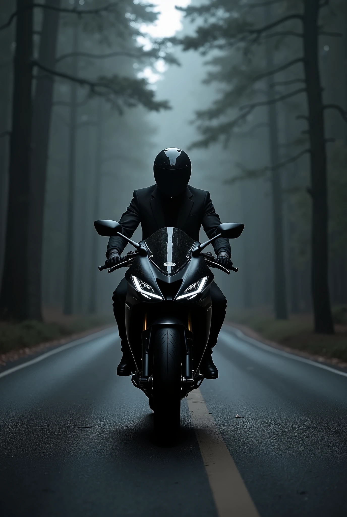 Gt650 bike onthe road roads are black and beside trees also black bike rider wearing black suit