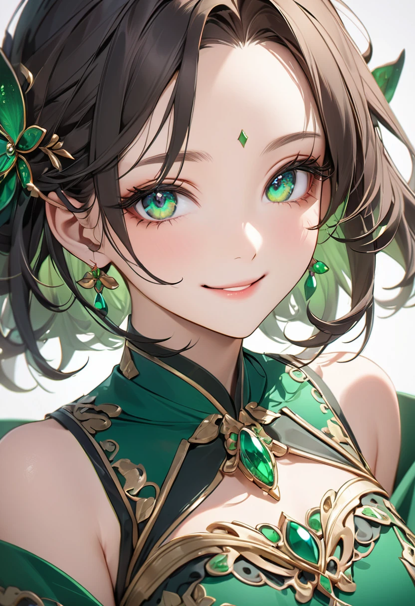 8K,high res,Skin details, Beautiful  features, Exquisite makeup, Exquisite eyes, Eye detail,smile,forehead,dark hair,emerald-green tops