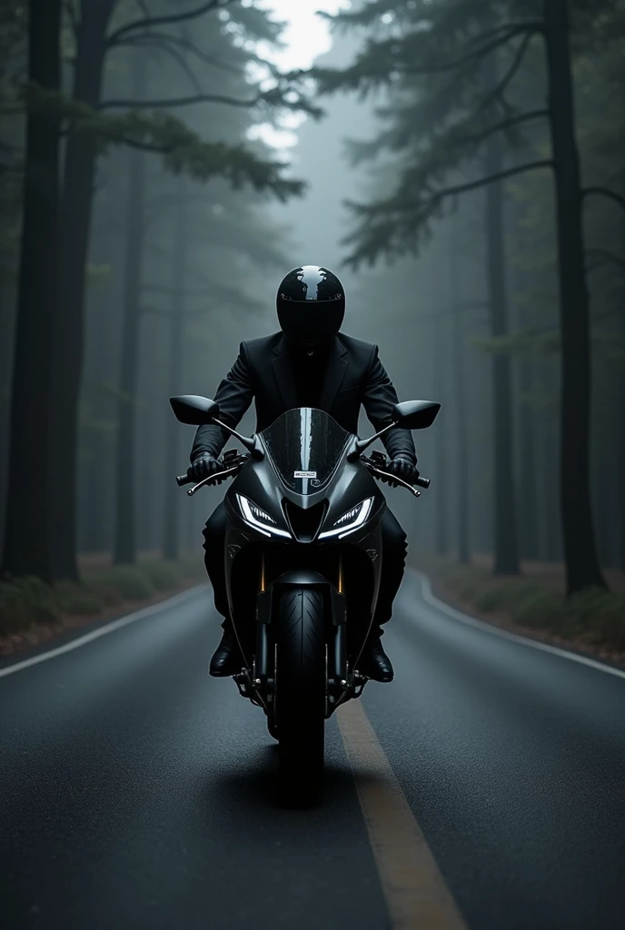 Gt650 bike onthe road roads are black and beside trees also black bike rider wearing black suit