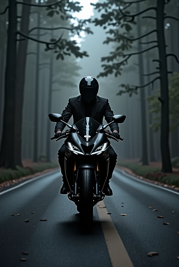 Gt650 bike onthe road roads are black and beside trees also black bike rider wearing black suit 