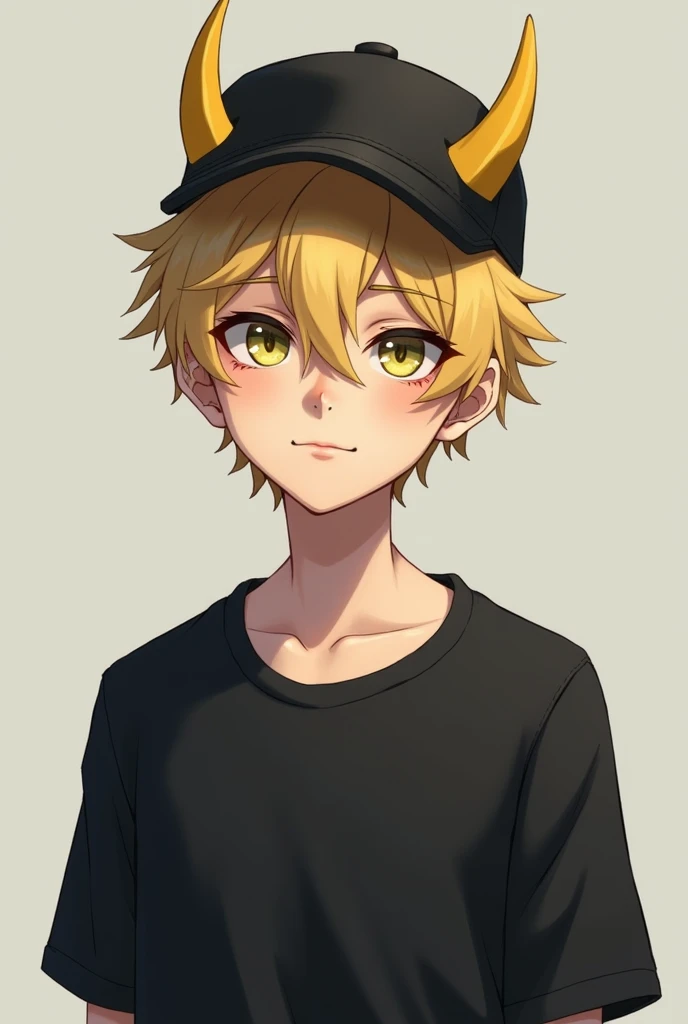 Short blonde hair yellow horns black cap and black shirt gender male