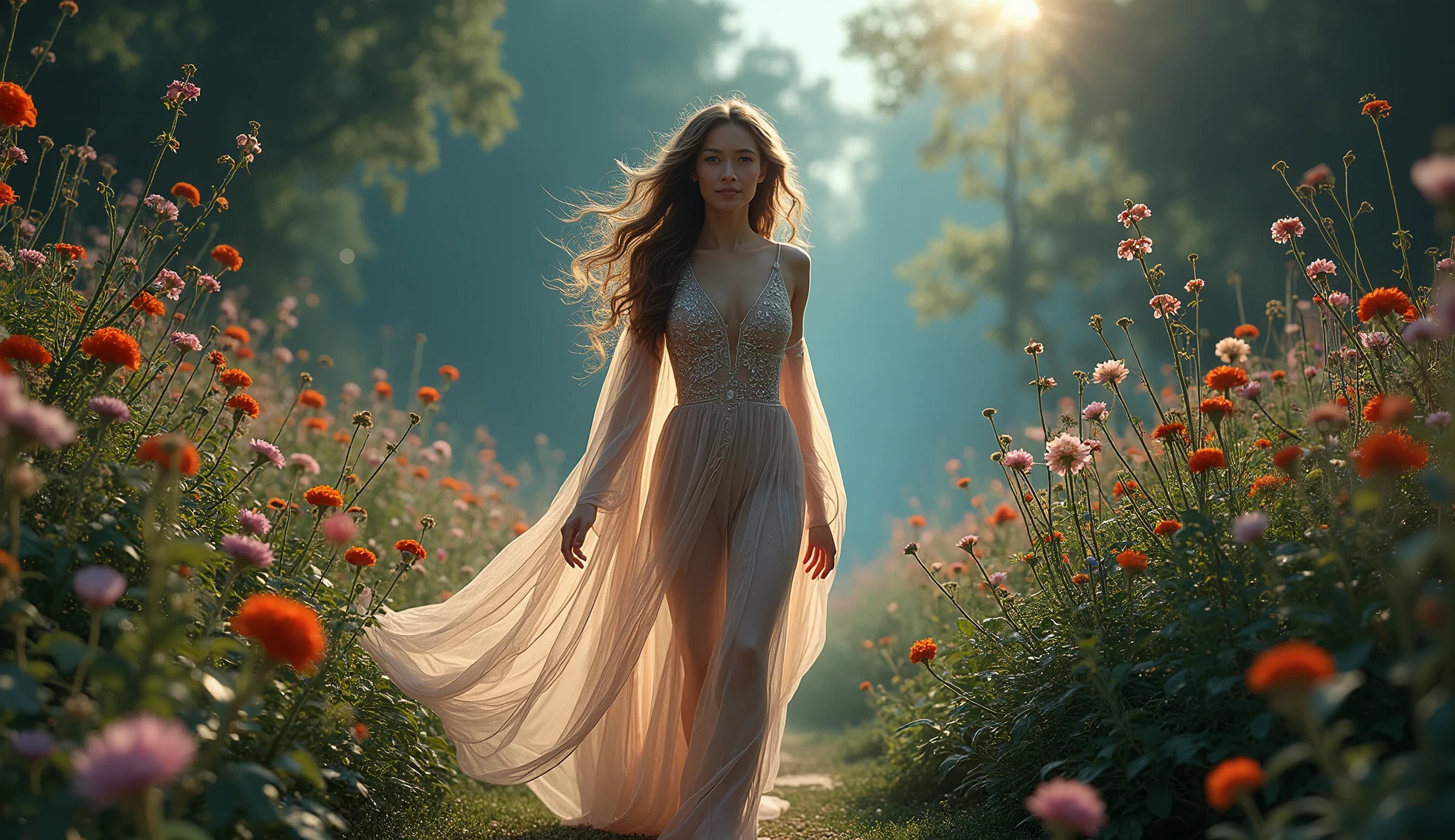 a beautiful woman in a colourful sheer airy dress with intricate embroidery, nude underneath, strolling through a lavish flower garden at night, long wavy hair, glowing skin, ethereal, cinematic lighting, moody colors, magical realism, romantic, high quality, detailed, photorealistic, she is smiling at the camera