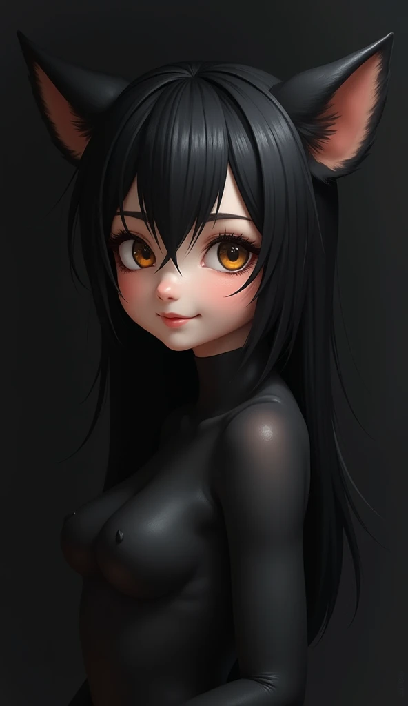 (ultra realistic) , (illustration), (increase resolution), (8k), (extremely detailed), (best illustration), (beautiful detailed eyes), (Best Quality), (ultra detailed), (masterpiece), (Wallpaper), (detailed face), 1 girl, smooth black fur, Skinny body, delicate details, In the dark, deep shadow, low key, pureerosfaceace_v1, happy smile, unclothed