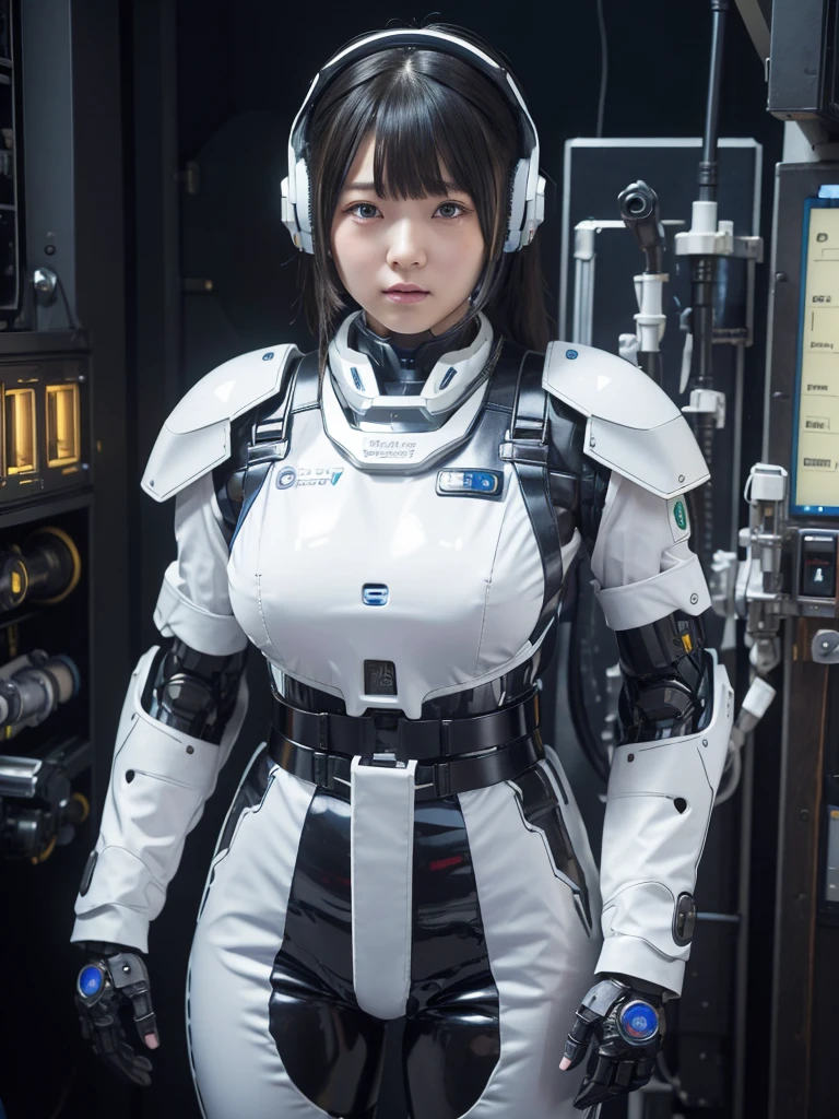 masterpiece, Highest quality, Very detailed, Japanese Android girl,Plump,Slightly thicker,Control panel,robot arms,robot,Android,cyborg,white robot body,Blunt bangs,robot repair plant,Fighter cockpit,Harness Belt,headset
