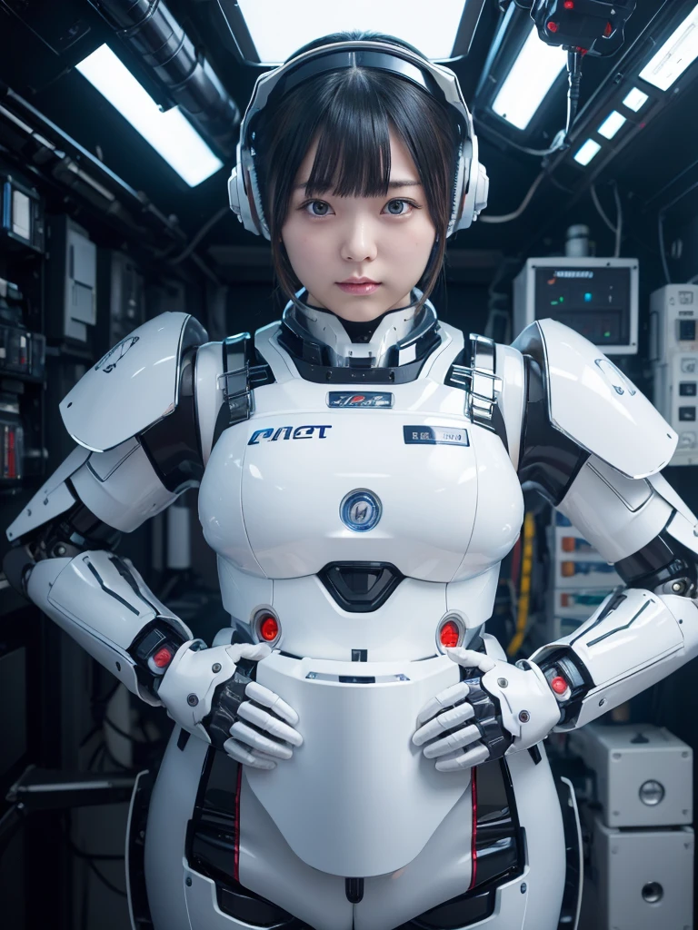 masterpiece, Highest quality, Very detailed, Japanese Android girl,Plump,Slightly thicker,Control panel,robot arms,robot,Android,cyborg,white robot body,Blunt bangs,robot repair plant,Fighter cockpit,Harness Belt,headset