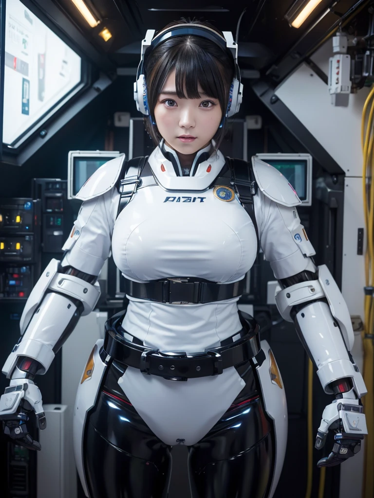 masterpiece, Highest quality, Very detailed, Japanese Android girl,Plump,Slightly thicker,Control panel,robot arms,robot,Android,cyborg,white robot body,Blunt bangs,robot repair plant,Fighter cockpit,Harness Belt,headset