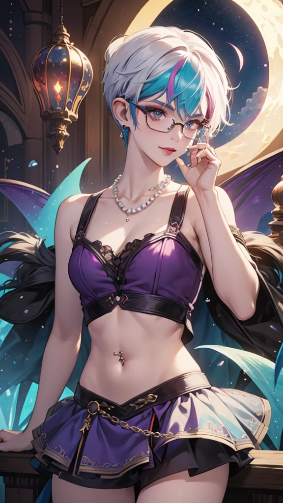 8k, masterpiece, best quality, highly detailed, 1 girl, tiefling, warlock, pixie cut, multicolored hair, very short straight hair red highlight hair on white hair, strippled hair, wearing glasses, round glasses, earrings, navel piercing, red eyeshadow, long eyelashes, blushed cheek, red lips, pearl necklace, rings, collarbone, mole on face, glamorous, teal and purple clothes, sleeveless, miniskirt, smirk, close up view, rings, looking at viewer, demon horns, solo, starry sky, pale blue moon, standing, boxing stance, demonic arms, chains on the background, black laced gloves.