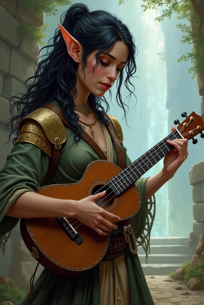 uma meio-elfo de pele negra e cabelos grisalhos, vestindo roupas medievais azuis, with a lute on his back, art style labirinto do fauno