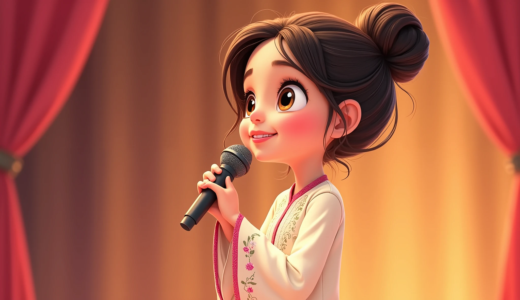 Lily, (highest quality, 4k, masterpiece:1.3), A young Pakistani Muslim girl wearing a traditional cream shalwar kameez with pink floral embroidery. Her hair is styled in a neat bun with loose strands framing her face, as seen in previous images. She leans forward slightly, holding the microphone close to her mouth as if whispering a secret, smiling playfully. The image is in a 2D animation style, with bright colors, cartoonish features, and soft, smooth shading. The background shows soft curtains, warm stage lighting, and a playful, joyful atmosphere. Clear outlines, simple textures, and an illustrated, digital painting look. (Cream shalwar kameez, pink floral embroidery, consistent outfit:1.3), (same hairstyle as before:1.3), (microphone in hand:1.3), (microphone always visible:1.3)