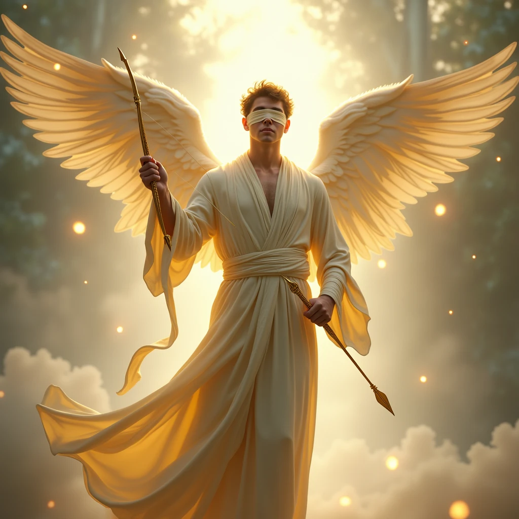 Angel man with a bow pointing forward (to the viewer) and blindfolded