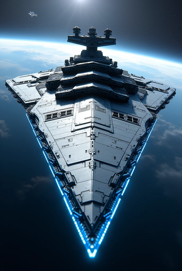 (masterpiece, photorealistic:1.4, extremely intricate:1.3), (photon mapping, radiosity, physically based rendering, ultra resolution, hyper-realistic, 8K), Star Wars style star destroyer, triangular, blue glowing power contrails, blue white chrome, metal reflections, faraway futuristic space station