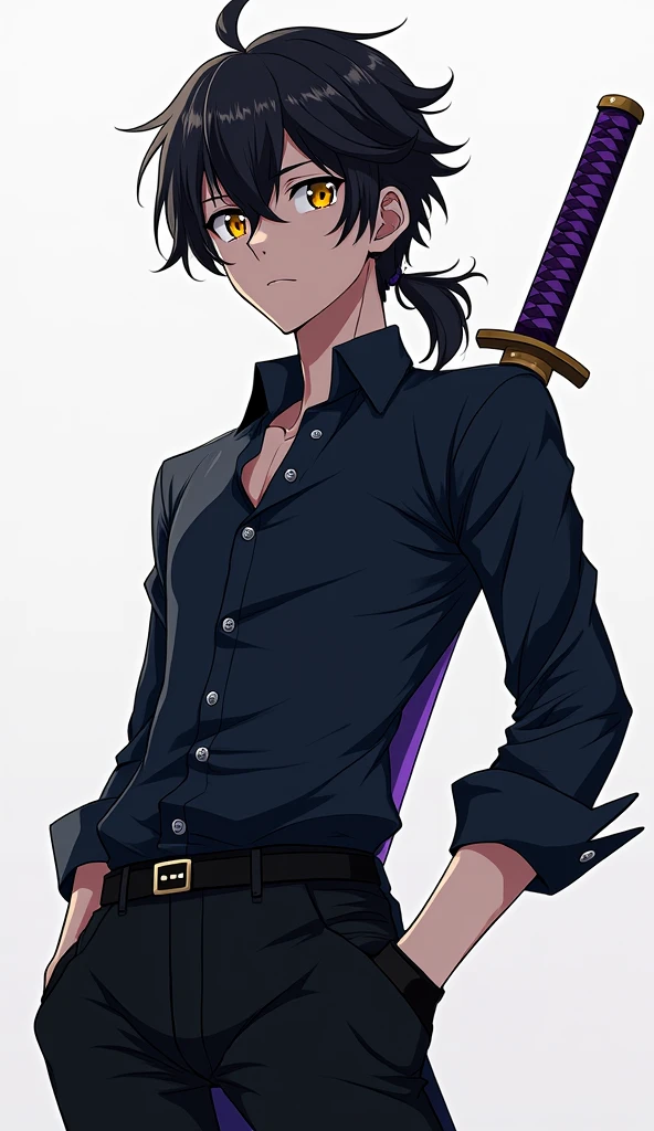 Create an anime style character, male gender with short and long, slightly spiky black hair with the fringe covering the face a little on the left side and with a giant ponytail, yellow eyes, eyes large, Black blouse with dark blue shirt, black gloves, black pants with men's black boots, with a purple sheathed katana on his back.