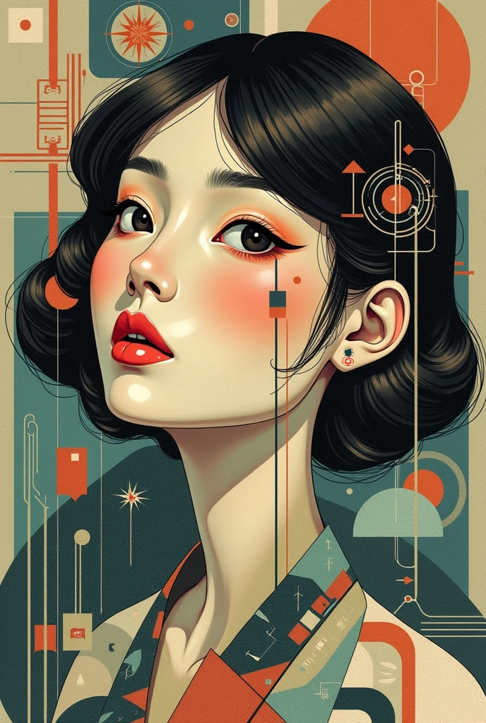 japanese woman face in cubism art inspired by the retrofuturistic illustration style of Moebius