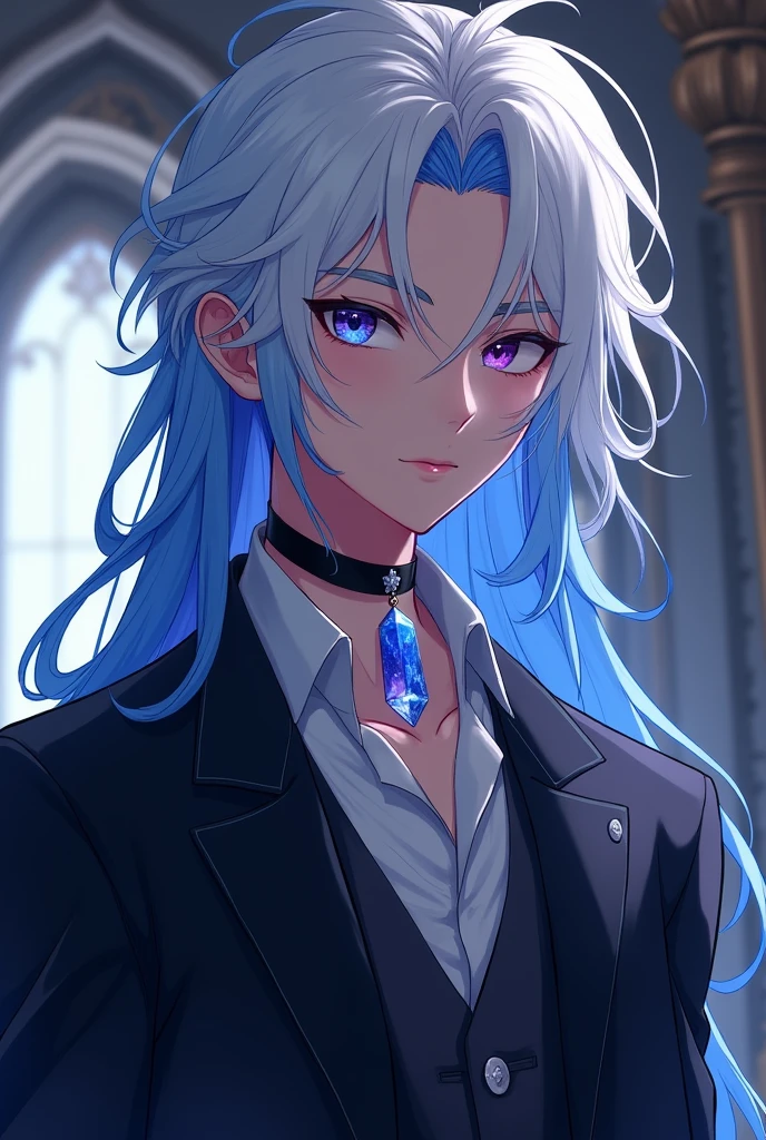 Boy between 18 and 20 years old with long white hair with a hair color that fades from white to blue, becoming darker as it approaches the tip, ending in black., Blue heterochromia in the right eye and violet in the left eye. With a dark blue formal suit, A gentlemanly personality smiling kindly, with a black choker with a 5cm round translucent blue crystal pendant attached to the choker, animated style