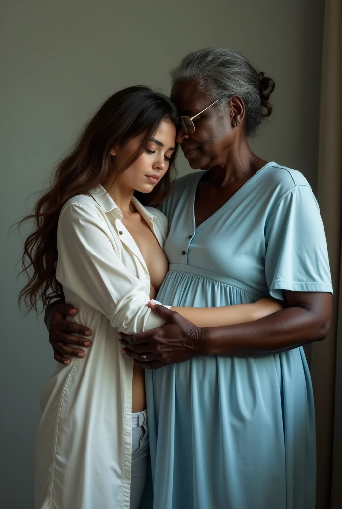 Create a photo of a 20 year old young woman, with a slender and beautiful body, wearing jeans and an open white shirt and no bra, with white and clear skin, with long brown hair, lying down and being carried in the arms of a 90-year-old elderly lady, obese woman who has dark black skin and is wearing a blue dress and glasses