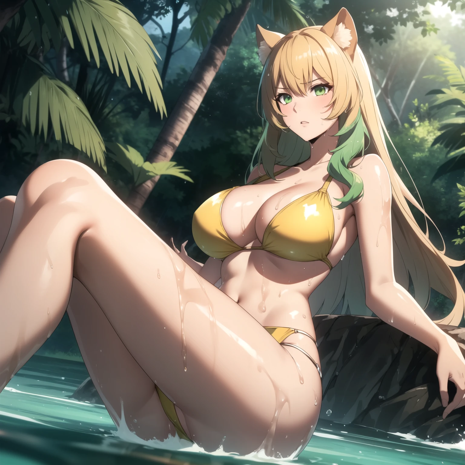 atalanta, women , blonde and green hair, green eyes like emeralds, challenging expression, big breasts, sexy yellow bikini, wet body, background a lake in the middle of the jungle.