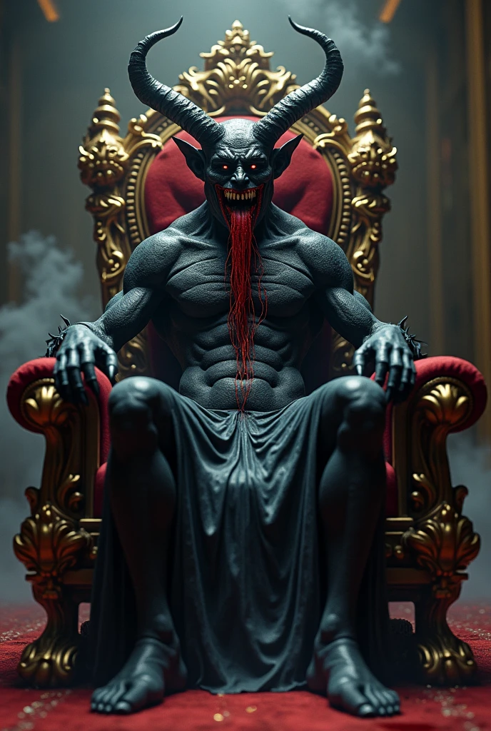 .is a demon. It has 3 horns, 2 on the side and one in the center.
.Their body is mostly black., Her lips, red tongue and eyes.
.The devil is sticking out his tongue, He has red and indifferent eyes, He is sitting in a relaxed manner on his throne.